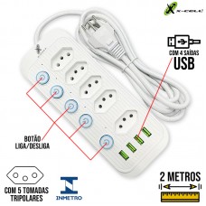 Extensão Elétrica 2mts 5 Tomadas + 4 USB XC-FL-02 X-Cell